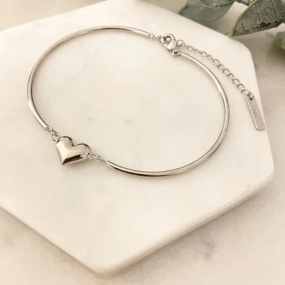 925 Sterling Silver Heart Cuff Bracelet Heart Pendant Bangle Bracelet - Picture 7 of 7